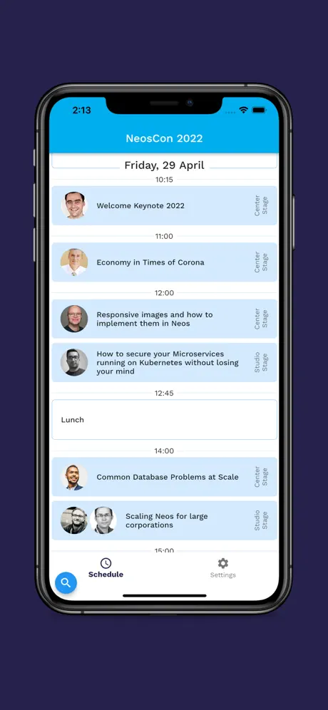 Screenshot der NeosCon App mit dem Schedule