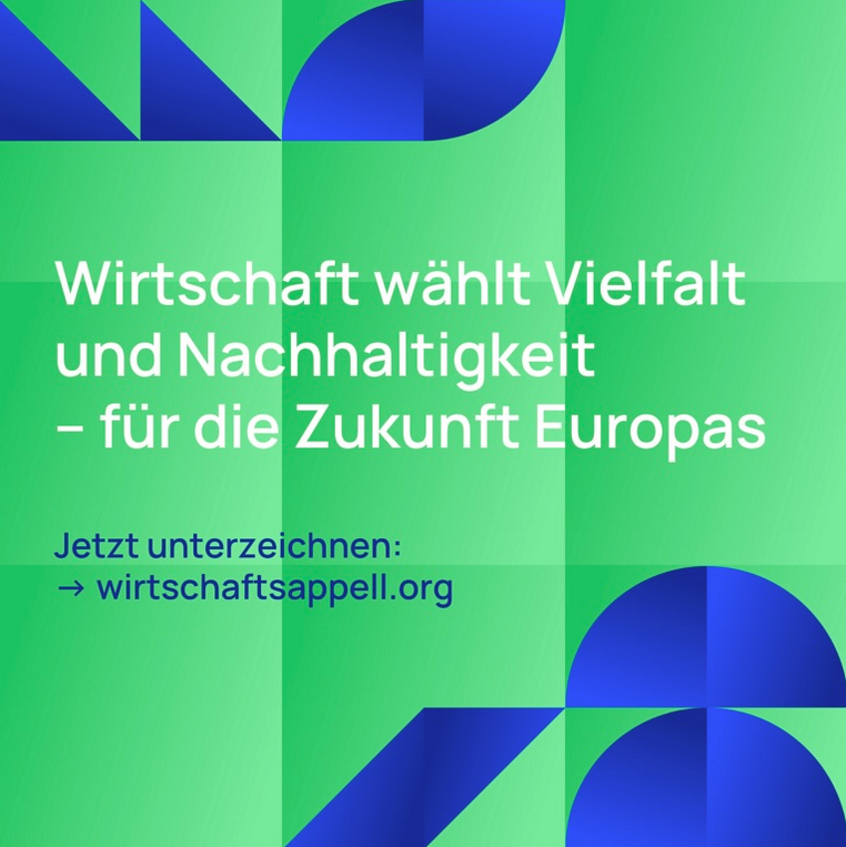 KI generiert: Das Bild enthält eine Botschaft für Vielfalt und Nachhaltigkeit in der Wirtschaft für Europas Zukunft und fordert zum Unterzeichnen auf. Die Hintergrundgestaltung zeigt geometrische Muster in Grün- und Blautönen.