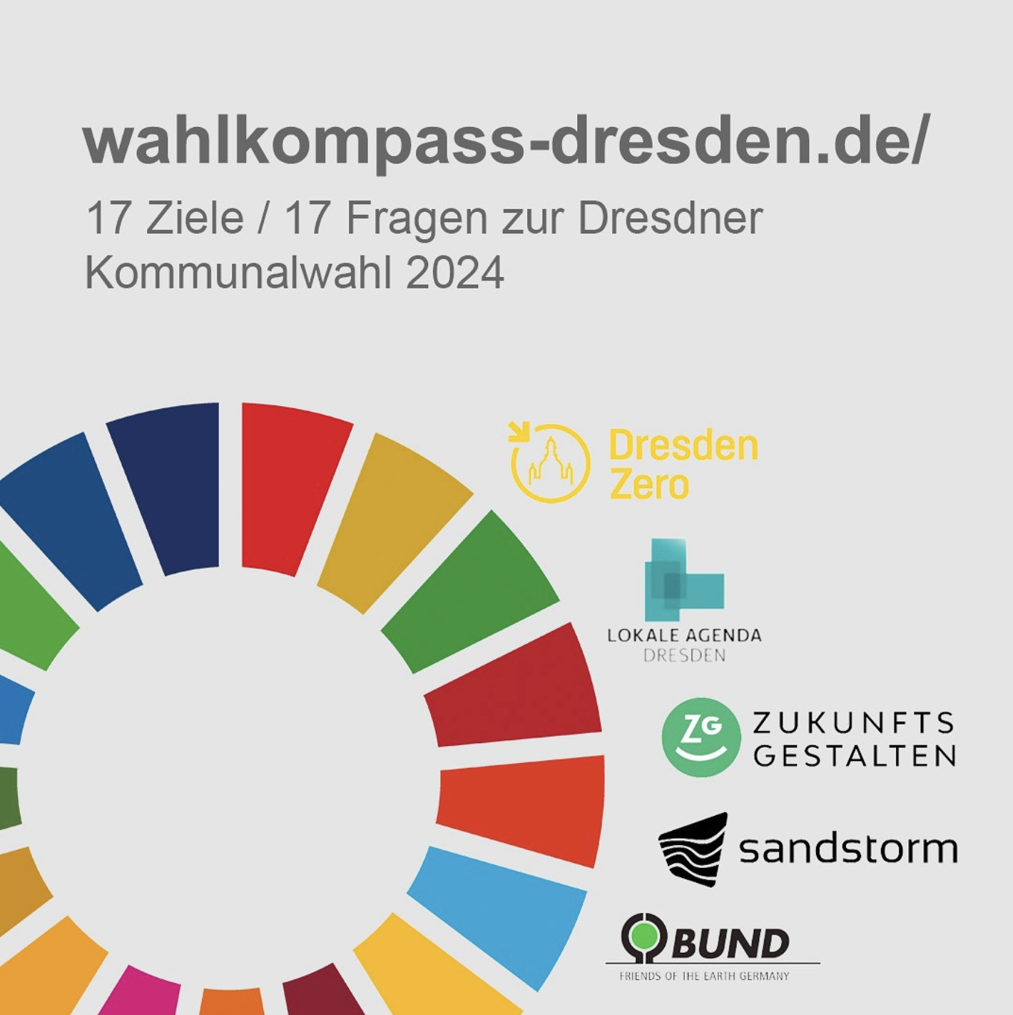 KI generiert: Das Bild zeigt den Slogan "wahlkompass-dresden.de" und beschreibt ein Projekt zu 17 Zielen und 17 Fragen zur Dresdner Kommunalwahl 2024. Es enthält bunte Grafiksegmente und die Logos verschiedener Organisationen, die beteiligt sind.