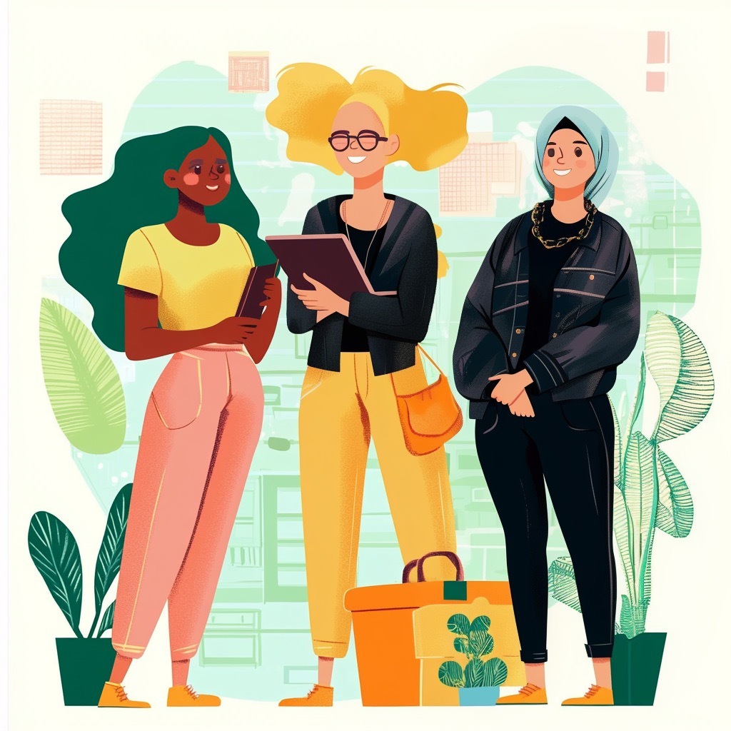KI generiert: Das Bild zeigt eine fröhliche Gruppe von drei stilisierten Frauen, die zusammenstehen und lächeln.