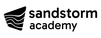 KI generiert: Das Bild zeigt das Logo der "Sandstorm Academy" mit stilisiertem Wellenmotiv und Schriftzug.