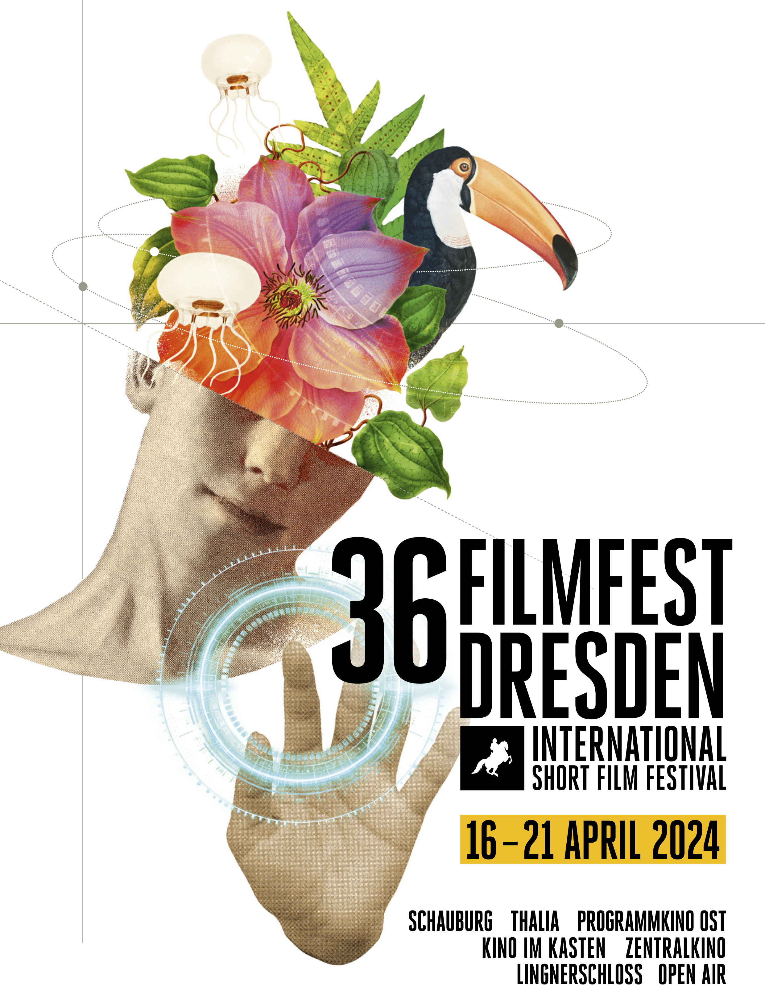 KI generiert: Das Bild zeigt ein kreatives Collage-Design mit einem menschlichen Kopf, aus dem Blumen, Glühlampen und ein Tukan wachsen, als Werbung für das 36. Filmfest Dresden, das vom 16. bis 21. April 2024 stattfindet. Es enthält Veranstaltungsorte wie Schauburg und Thalia.