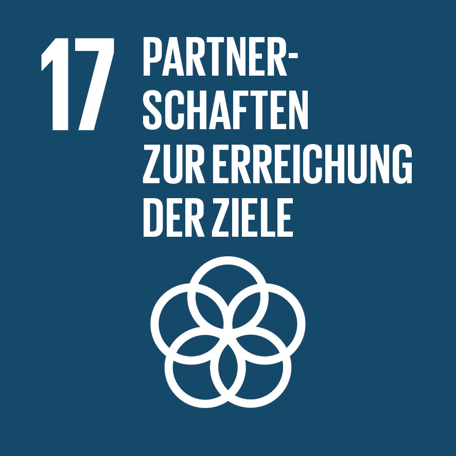 KI generiert: Das Bild zeigt das Symbol für das 17. Nachhaltigkeitsziel der Vereinten Nationen: Partnerschaften zur Erreichung der Ziele. Im Zentrum steht ein grafisches Logo aus fünf miteinander verbundenen Kreisen, begleitet von der Zielbeschreibung.