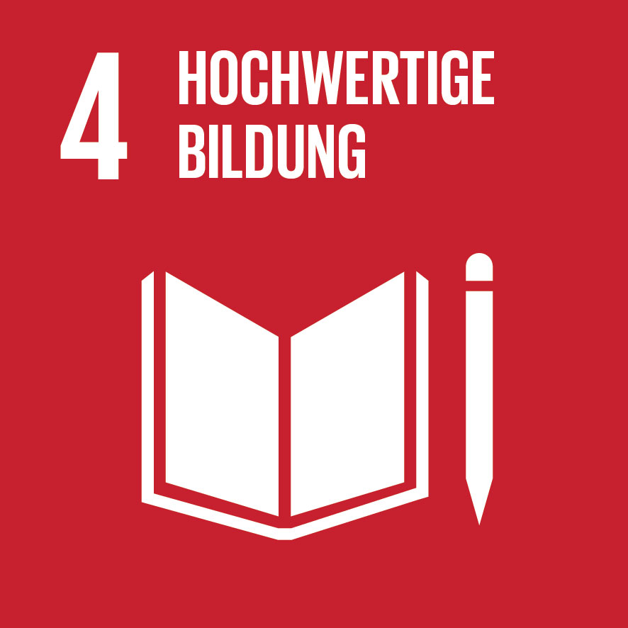 KI generiert: Das Bild zeigt das Symbol für das vierte Ziel der nachhaltigen Entwicklung: hochwertige Bildung. Es zeigt eine stilisierte Darstellung eines Buches und eines Stifts auf rotem Hintergrund.