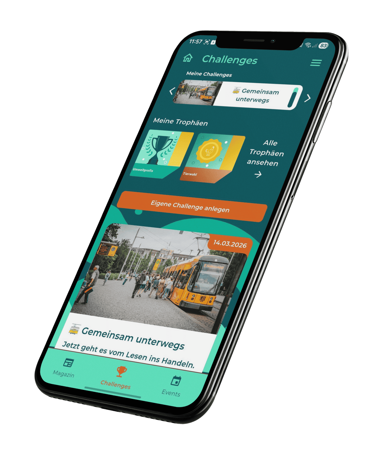 KI generiert: Das Bild zeigt ein Smartphone mit einer geöffneten App namens "Challenges", die auf Deutsch ist und verschiedene Funktionen wie das Anlegen eigener Challenges und das Ansehen von Trophäen bietet.