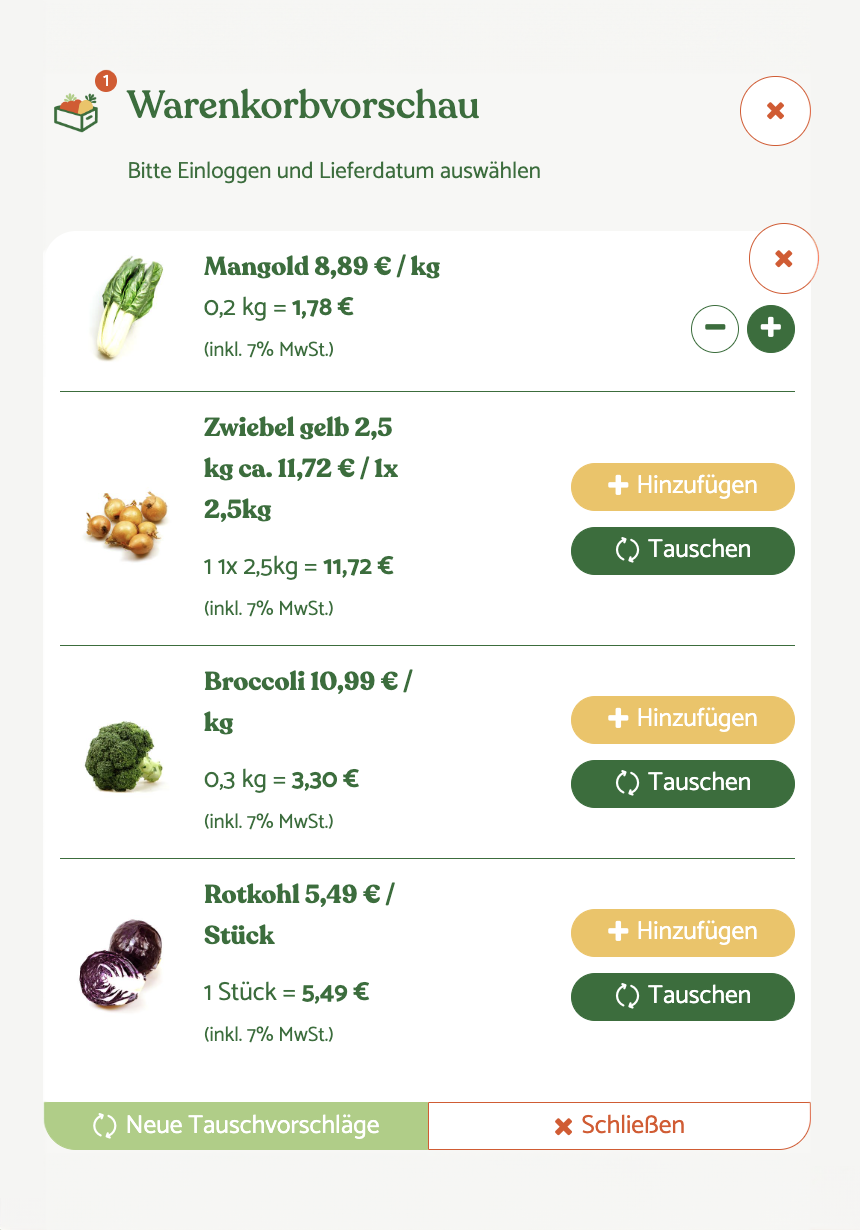 KI generiert: Das Bild zeigt eine Warenkorbvoransicht mit verschiedenen Gemüsesorten, Preisen und Optionen zum Hinzufügen oder Tauschen. Hauptinhalte sind Mangold, gelbe Zwiebeln, Brokkoli und Rotkohl mit entsprechenden Preisangaben.