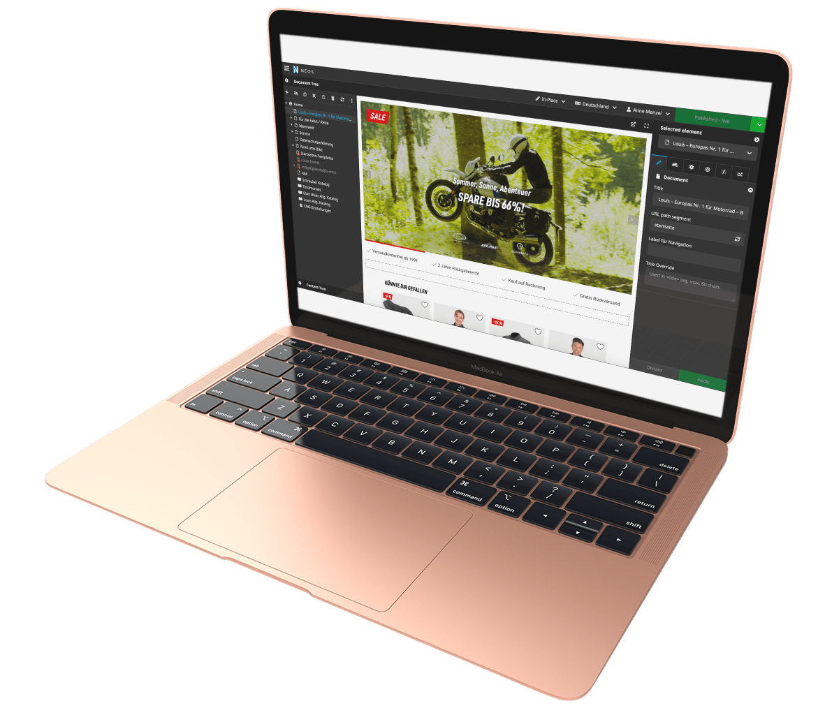 KI generiert: Das Bild zeigt einen geöffneten Laptop, auf dem eine Webseite dargestellt ist. Der Bildschirminhalt zeigt eine Homepage mit einem großen Banner, das eine Person auf einem Fahrrad in einer grünen Umgebung zeigt.