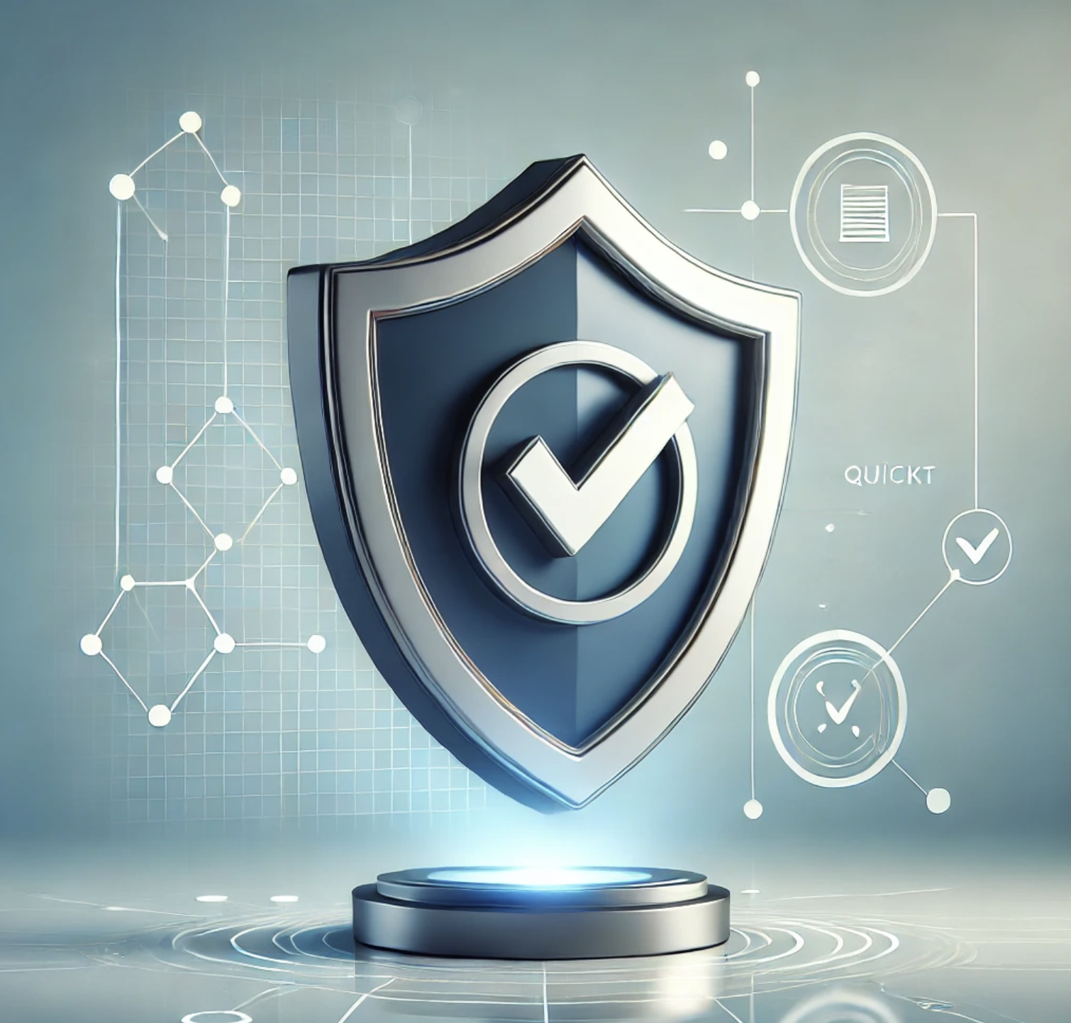 KI generiert: Das Bild zeigt ein Schild mit einem Häkchen, das symbolisch für Sicherheit oder Schutz steht. Im Hintergrund sind stilisierte, technische Elemente und Diagramme zu sehen, die auf Daten oder Netzwerksicherheit hinweisen.