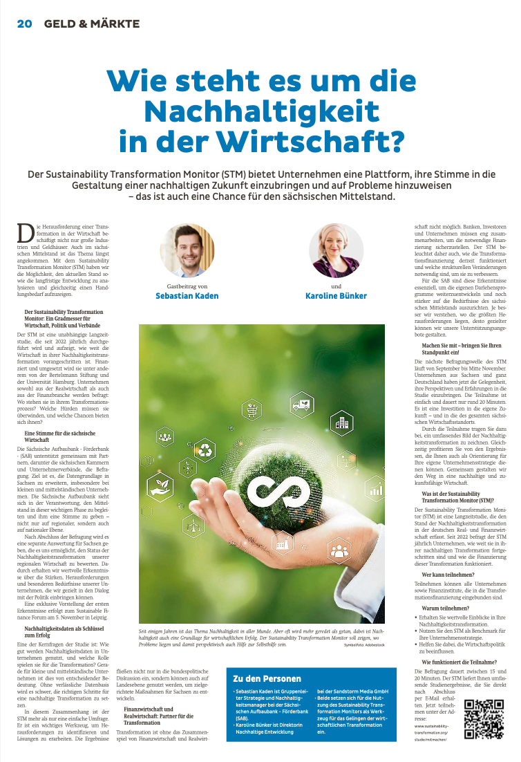 KI generiert: Das Bild thematisiert die Nachhaltigkeit in der Wirtschaft und bietet Informationen über den Sustainability Transformation Monitor. Im Mittelpunkt steht eine Hand, die eine grüne Kugel mit einem Unendlichkeitszeichen hält, umgeben von Symbolen, die Nachhaltigkeit darstellen.