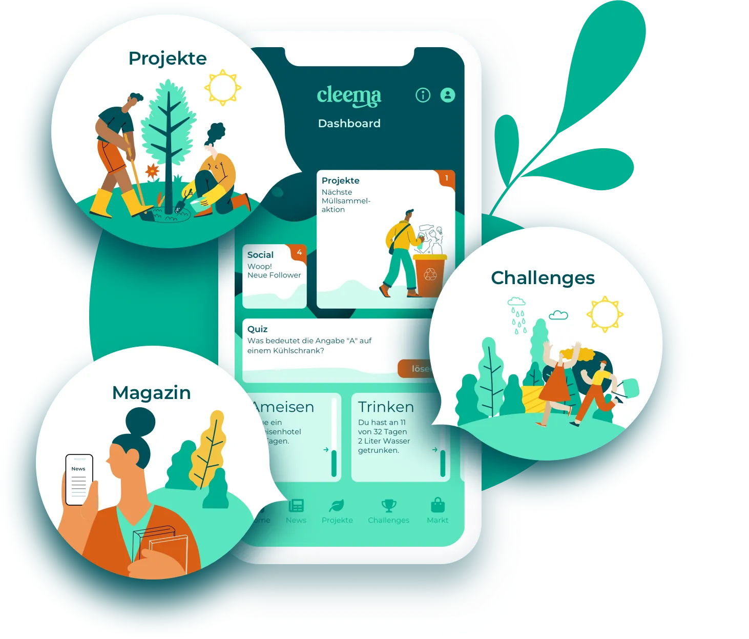 KI generiert: Das Bild zeigt eine Smartphone-App mit dem Namen "cleema", die sich auf nachhaltige Projekte, ein Magazin und Herausforderungen konzentriert. Die Grafiken stellen Aktivitäten wie Baumpflanzungen und umweltfreundliche Initiativen dar.