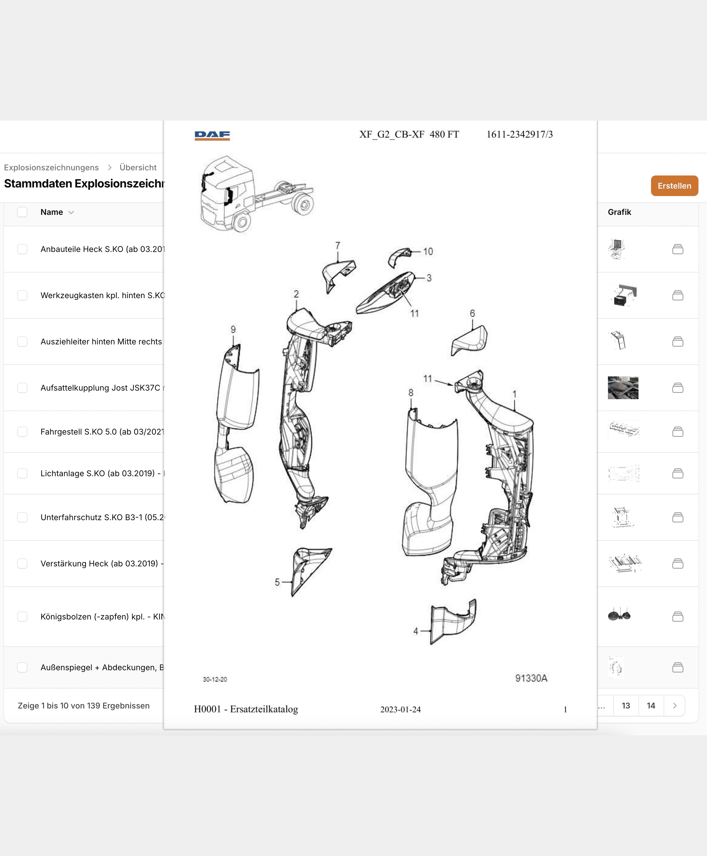 KI generiert: Das Bild zeigt eine Software-Oberfläche mit einer Explosionszeichnung von Fahrzeugteilen. Die Zeichnung und eine Liste der Komponenten sind zentral im Interface eingebettet.