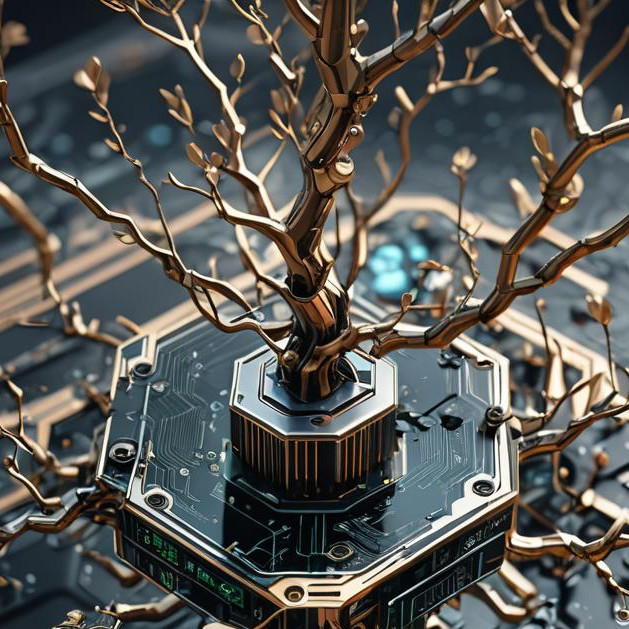 The image depicts a metallic tree structure growing out of a complex, circuit board-like surface. The tree and circuitry exhibit intricate detail.