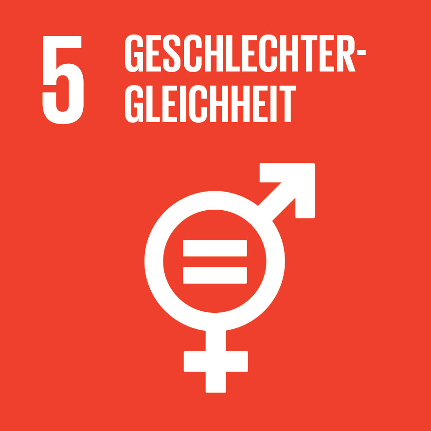 KI generiert: Das Bild zeigt das Symbol und Ziel Nummer 5 der Vereinten Nationen für nachhaltige Entwicklung, "Geschlechtergleichheit", auf einem roten Hintergrund. Es hebt die Förderung der Gleichberechtigung zwischen den Geschlechtern hervor.