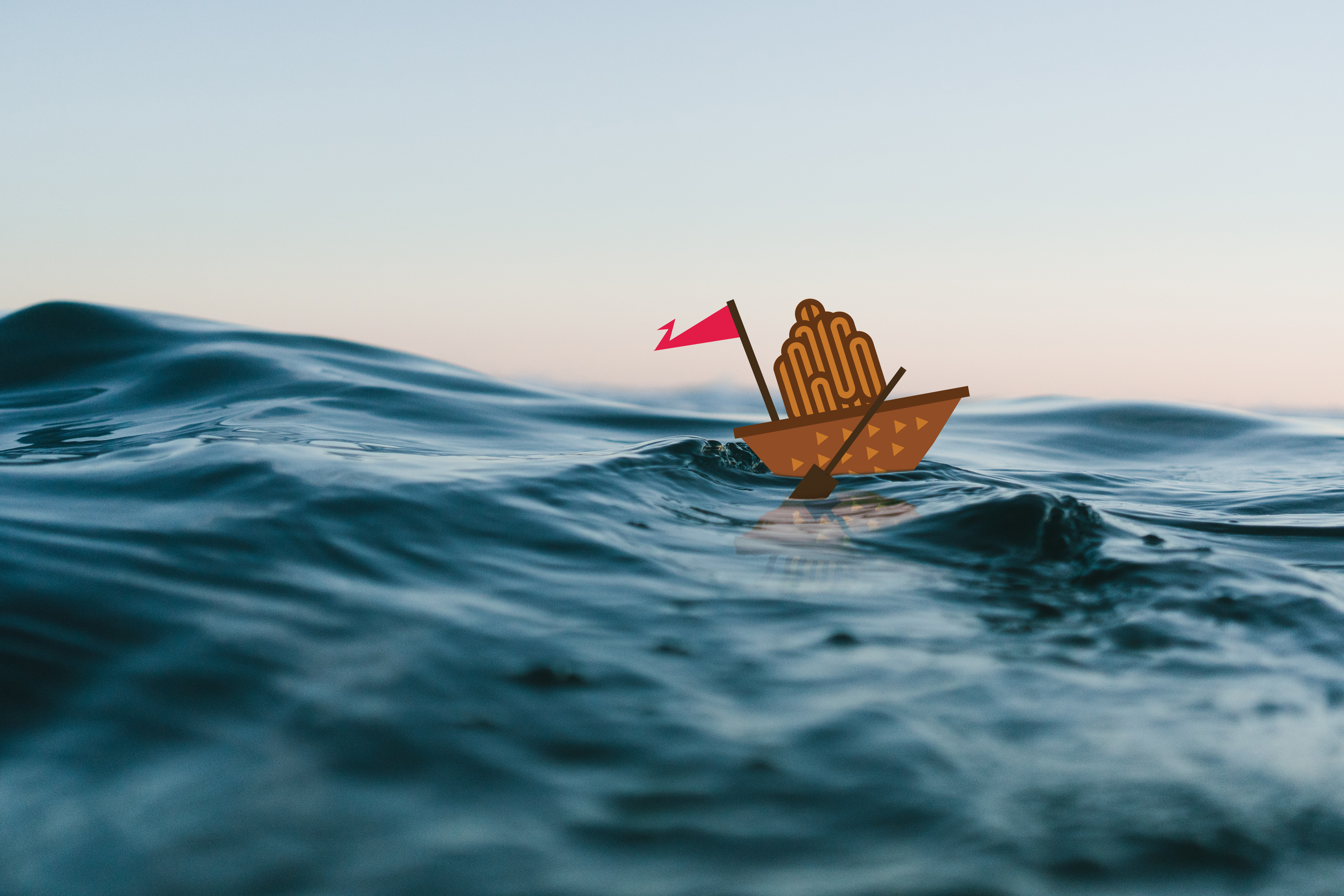 animierte Nussschale als Boot dargestellt im Meer