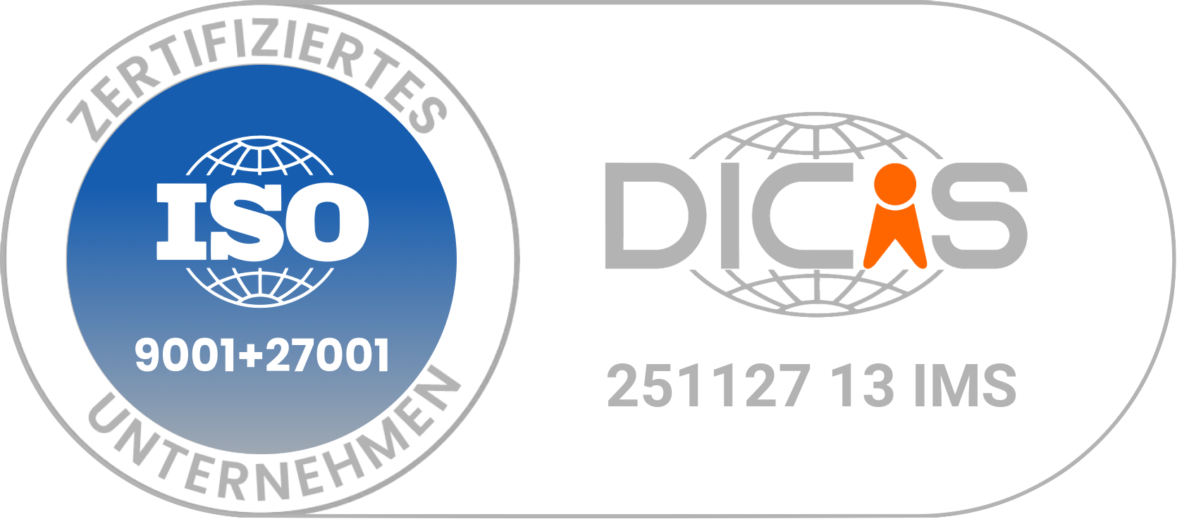 KI generiert: Das Bild zeigt ein Zertifikatssiegel mit den ISO-Standards 9001 und 27001 sowie dem DICIS-Logo.