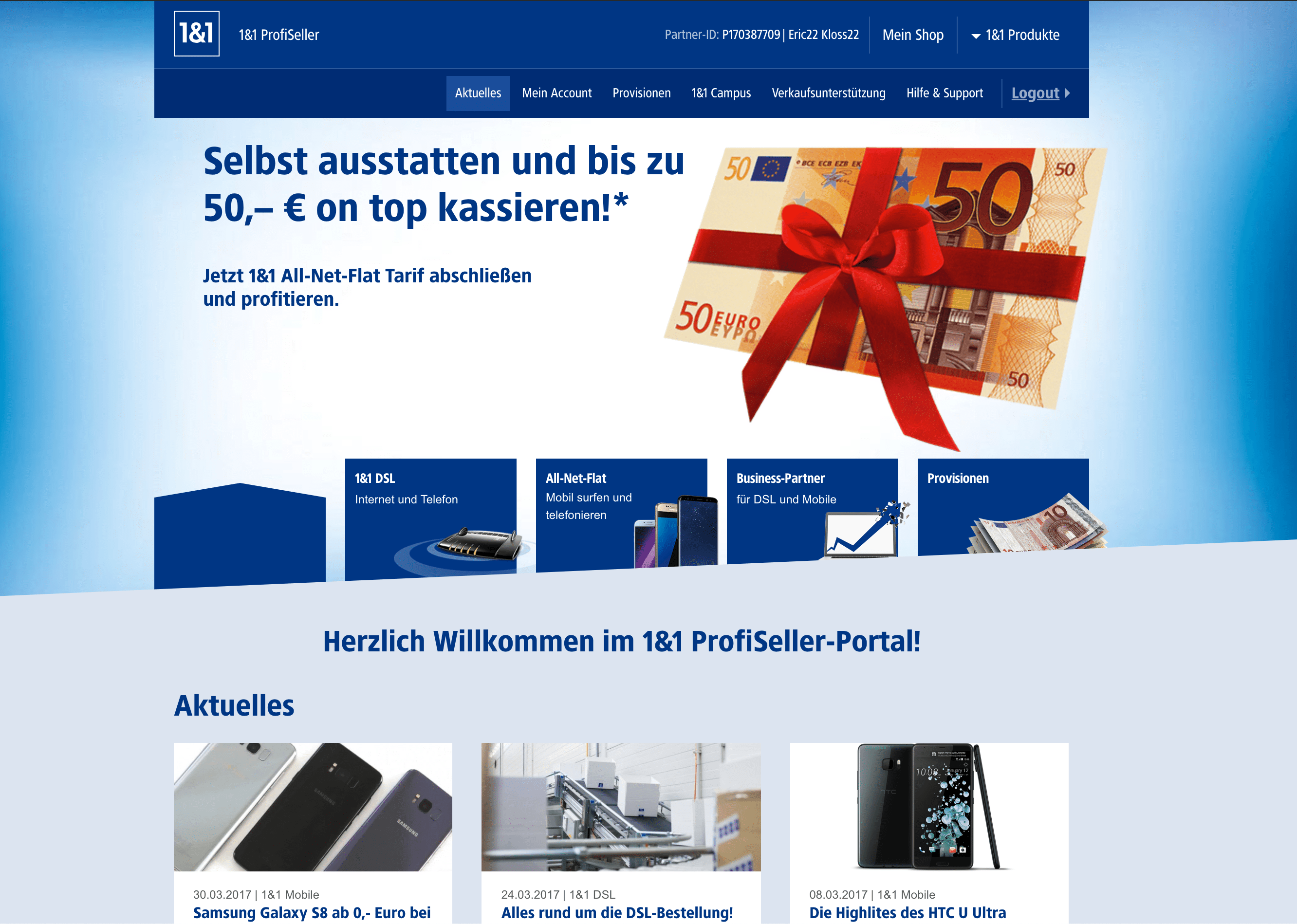 KI generiert: Das Bild zeigt eine Webseite des 1&1 ProfiSeller-Portals mit einem Werbebanner, das eine Prämie von bis zu 50 Euro für den Abschluss eines 1&1 All-Net-Flat Tarifs bewirbt. Darunter sind verschiedene Kategorien und aktuelle Angebote abgebildet.