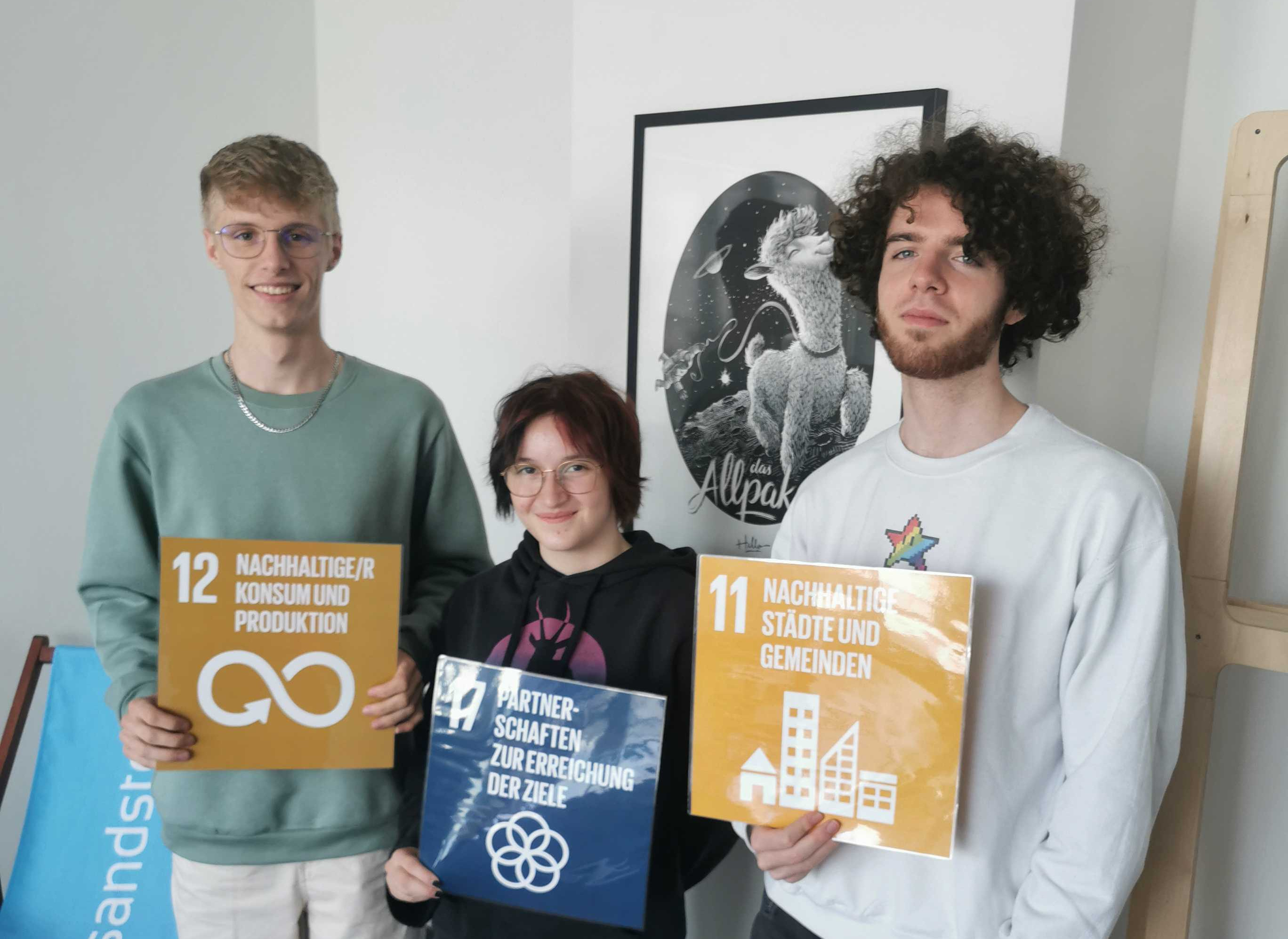 Johannes, Finja und Hanno halten SDG Kacheln