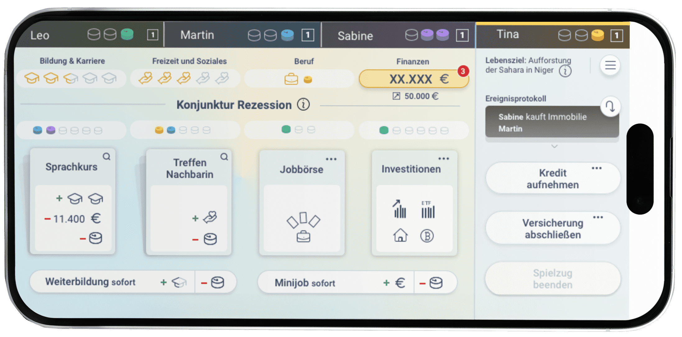 KI generiert: Das Bild zeigt eine simulierte Benutzeroberfläche eines Finanzspiels oder einer Finanzverwaltung mit verschiedenen Optionen wie Sprachkurs, Jobbörse und Investitionen.