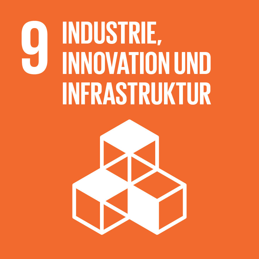 KI generiert: Das Bild zeigt das Symbol für das neunte Ziel der nachhaltigen Entwicklung der Vereinten Nationen: "Industrie, Innovation und Infrastruktur". Es ist in einem orangefarbenen Hintergrund gehalten und enthält den Text sowie ein symbolisches Icon mit geometrischen Formen.