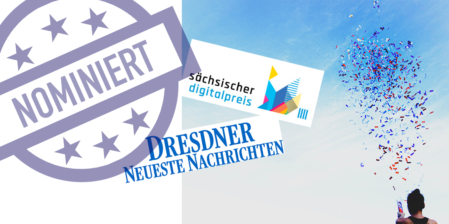 Junge Frau und buntes Konfetti vor einem blauen Himmel, Logos vom Sächsischen Digitalpreis und Dresdner Neueste Nachrichten und ein "Nominiert"-Wasserzeichen