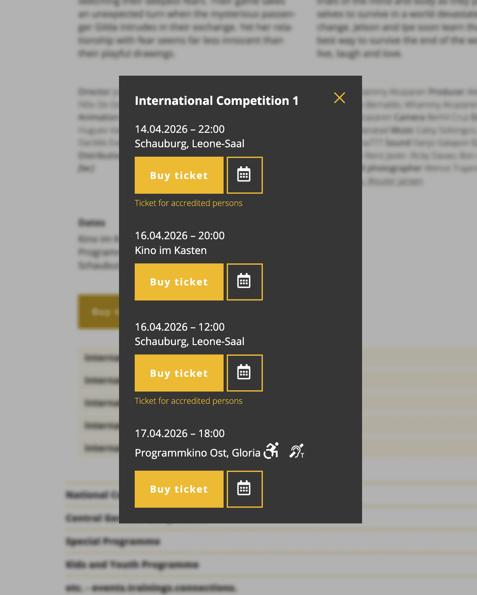 KI generiert: Das Bild zeigt einen Ausschnitt eines Programms oder einer Einladung mit mehreren Veranstaltungen, bei denen Tickets für akkreditierte Personen gekauft werden können.