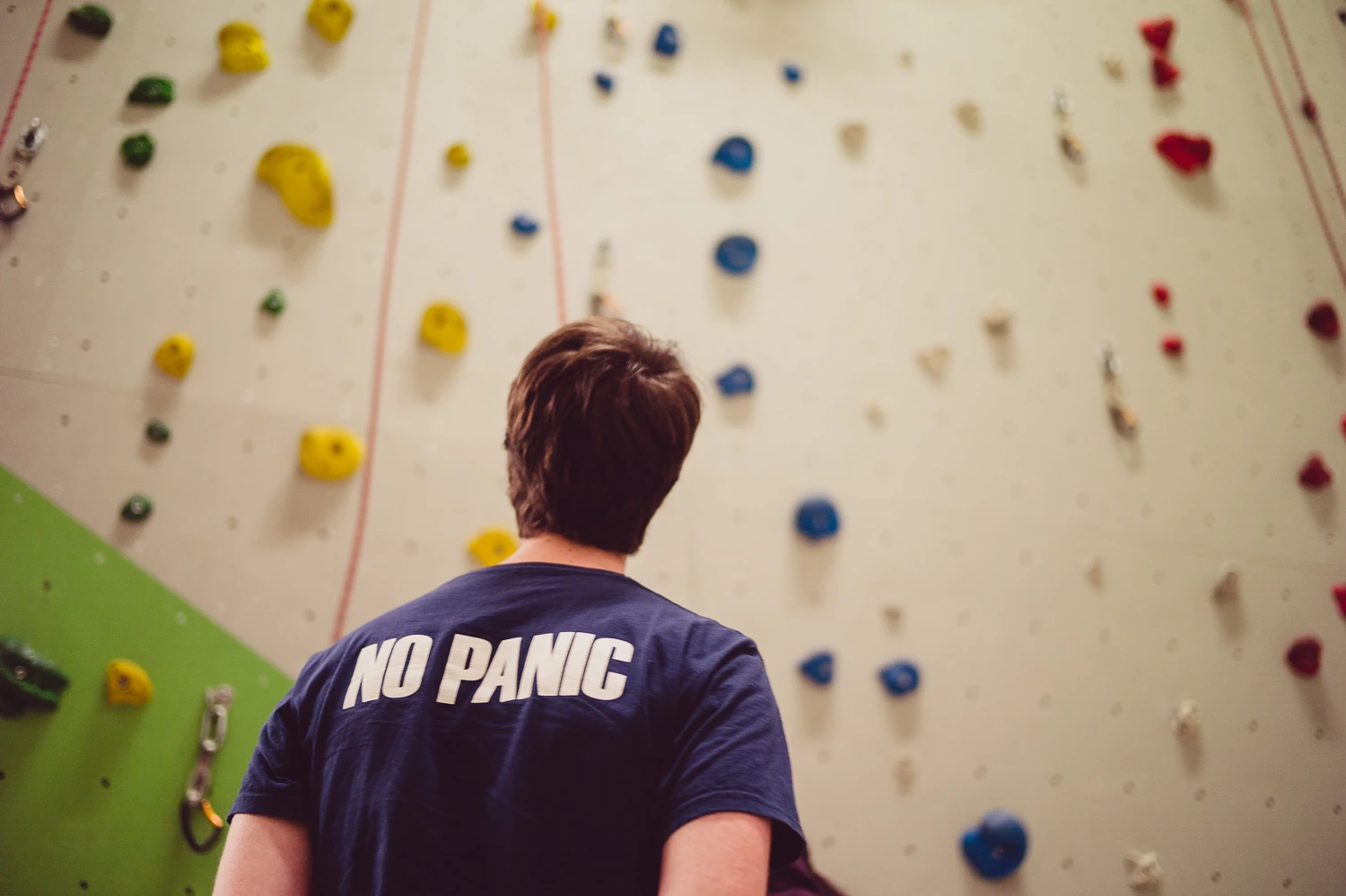 Foto einer Person die eine Kletterwand hinaufschaut und ein T-Shirt mit der Aufschrift "No Panic" trägt