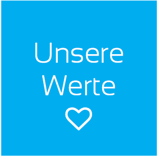 KI generiert: Das Bild zeigt einen leuchtend blauen Hintergrund mit dem weißen Text "Unsere Werte" darüber und einem Herzsymbol darunter. Es betont die Bedeutung von Werten.