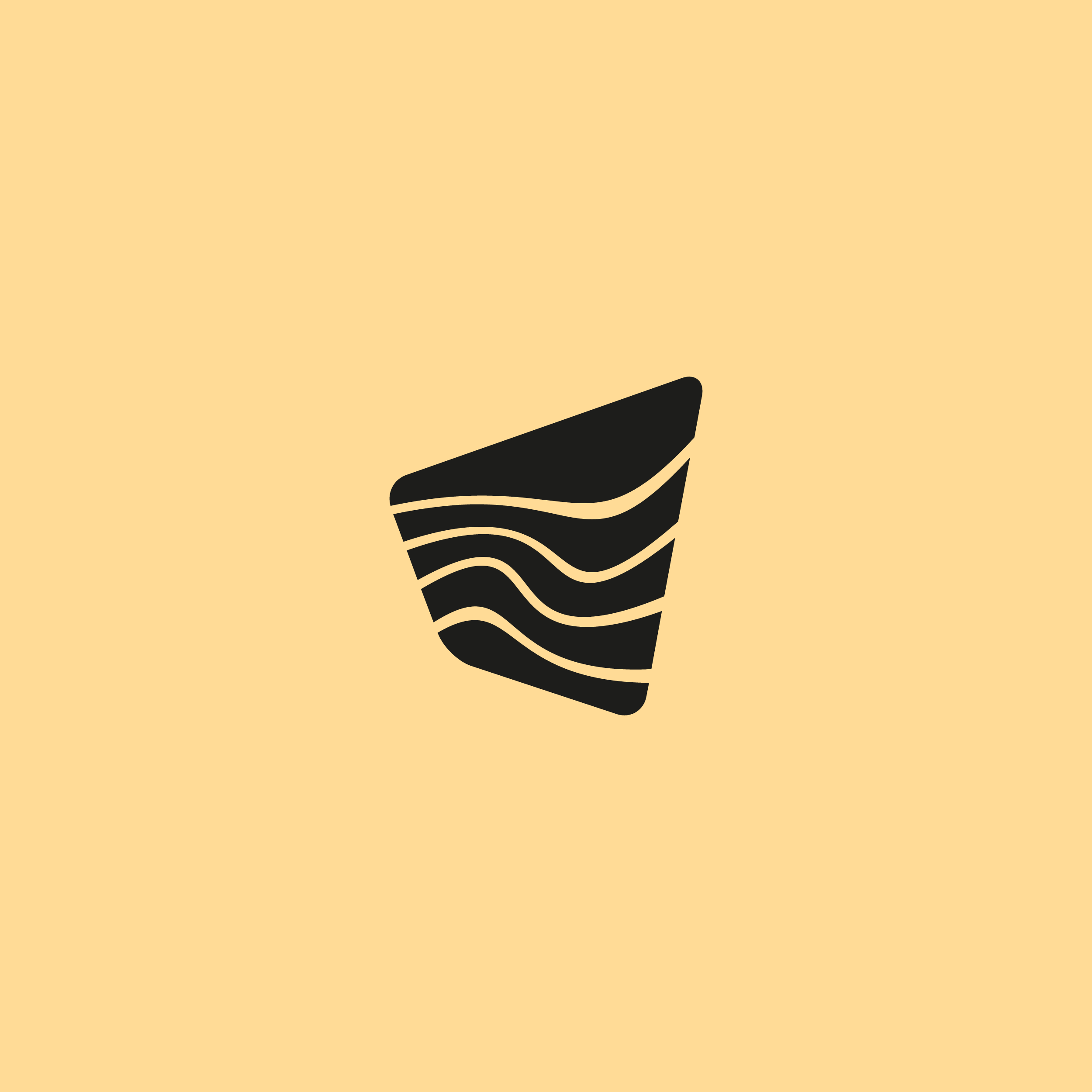 KI generiert: Das Bild zeigt ein minimalistisches Logo, das aus einem schrägen Schwarzstreifen besteht, der von drei wellenförmigen Linien durchzogen ist. Der Hintergrund ist beige.