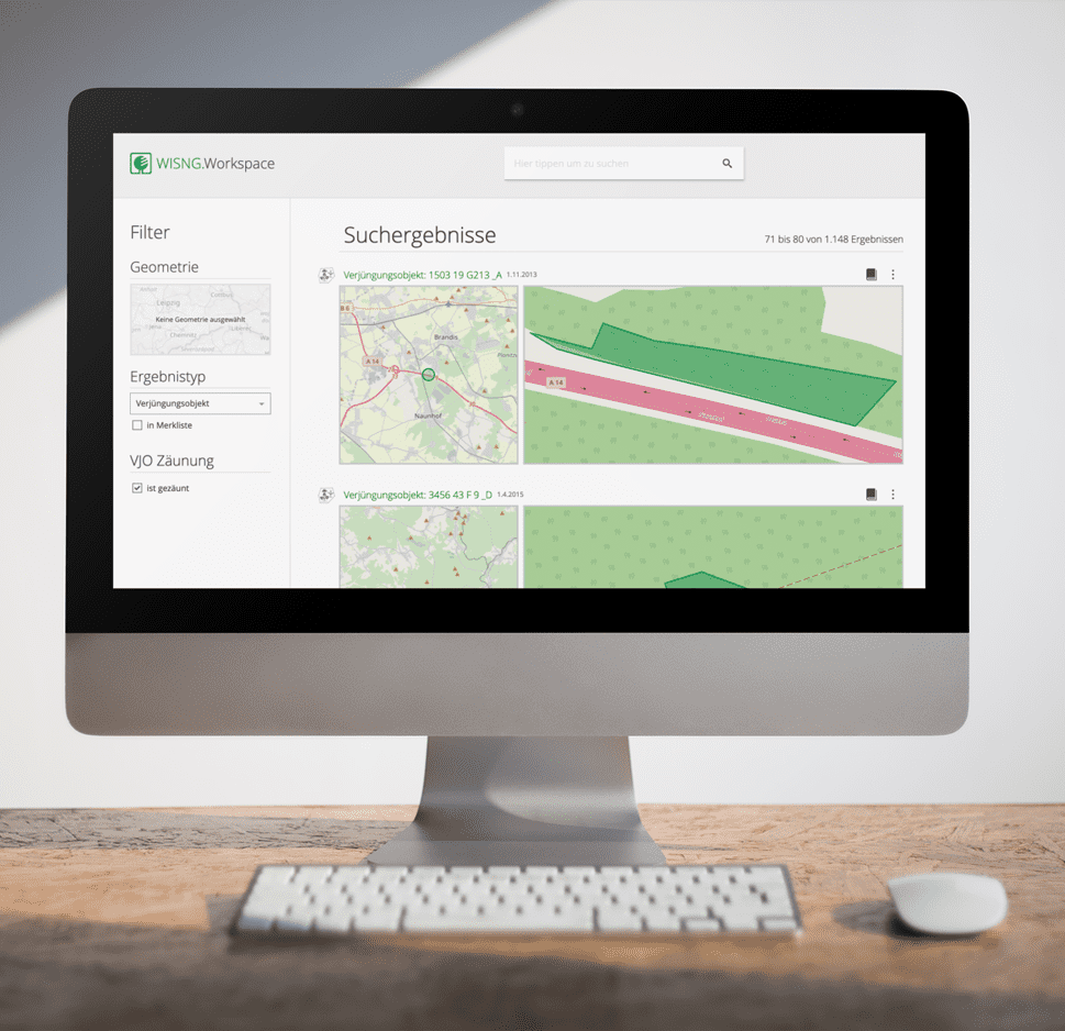 KI generiert: Der Hauptinhalt des Bildes ist ein Computerbildschirm, der eine Benutzeroberfläche mit einer Suchergebnisseite von GIS-Daten zeigt. Auf dem Bildschirm sind Karten und Informationen zu verschiedenen geografischen Bereichen zu sehen.