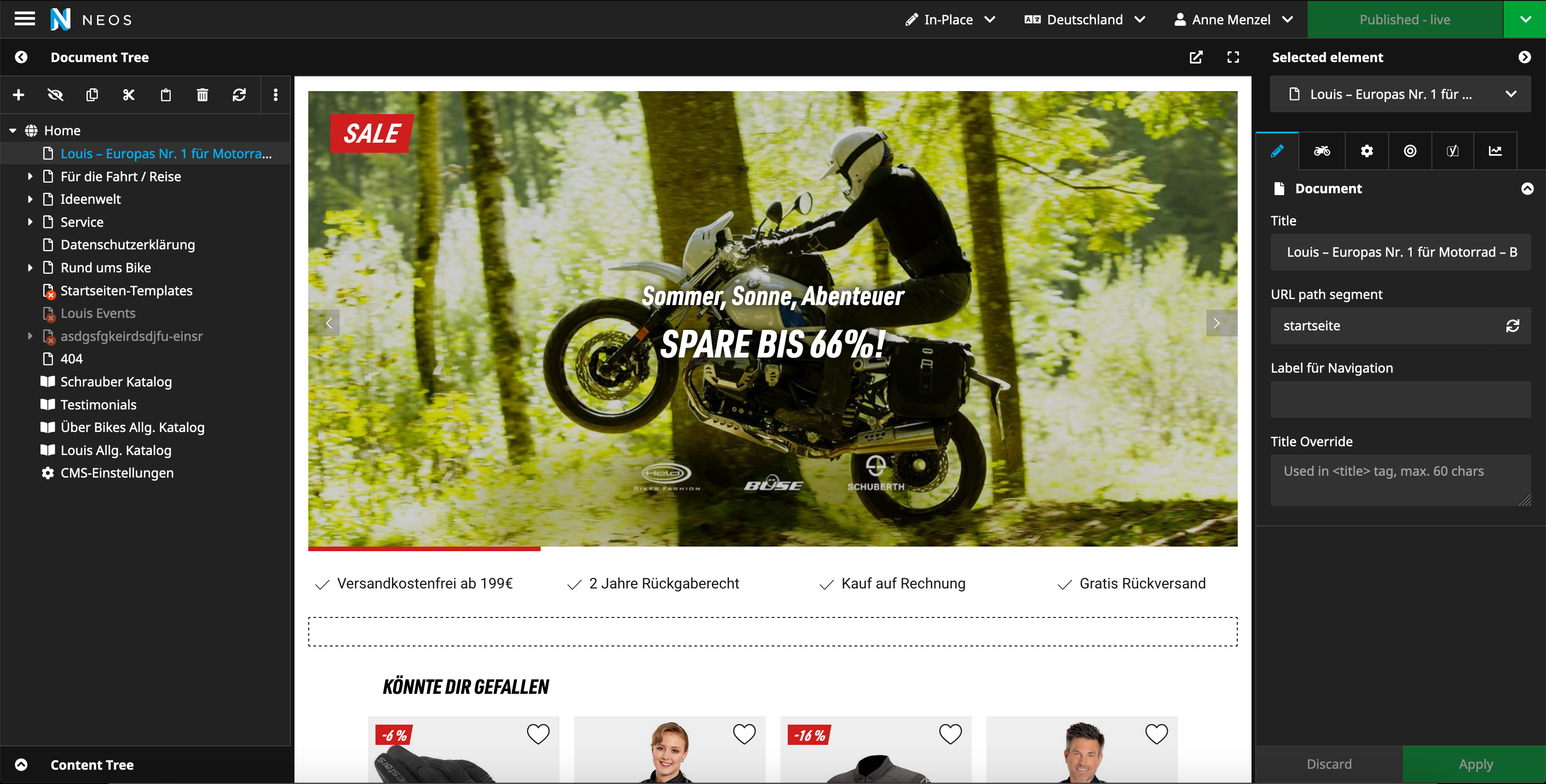 KI generiert: Das Bild zeigt ein Webseitendesign für einen Motorradzubehör-Shop, mit einem großen Werbebanner, das Rabatte bis zu 66% bewirbt. Im Hintergrund fährt ein Motorradfahrer durch eine sonnige Waldlandschaft.