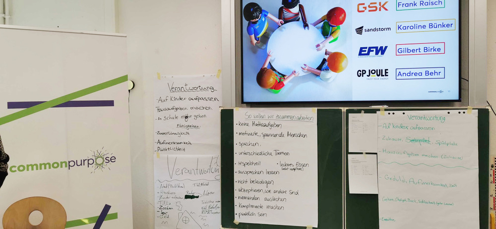 KI generiert: Das Bild zeigt ein Seminarraum mit mehreren Flipcharts, einer Leinwand mit Logos mehrerer Firmen und dem Logo von "common purpose".