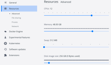 screenshot of the Docker host resource preferences