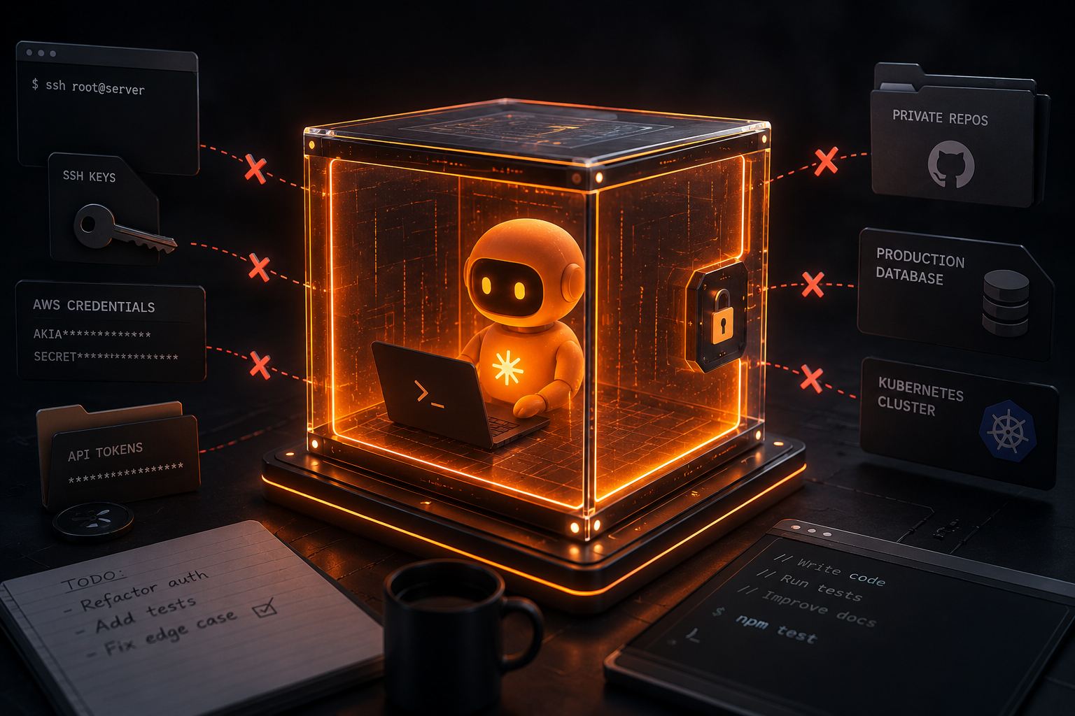 KI generiert: Das Bild zeigt eine symbolische Darstellung der Sicherheit eines Servers, der durch einen Roboter bewacht wird, wobei verschiedene sensible Zugriffsmethoden wie SSH Keys, AWS Credentials und API Tokens blockiert werden, um den Schutz von privaten Repositories, der Produktionsdatenbank und einem Kubernetes Cluster zu gewährleisten.