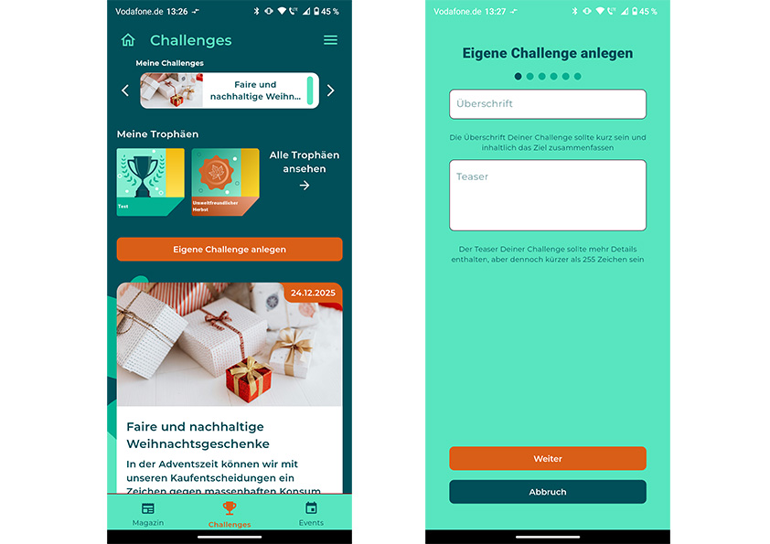 KI generiert: Die Abbildung zeigt zwei Ansichten einer App, in der Nutzer Herausforderungen anlegen und verwalten können, wobei das Thema nachhaltige Weihnachtsgeschenke im Fokus steht.