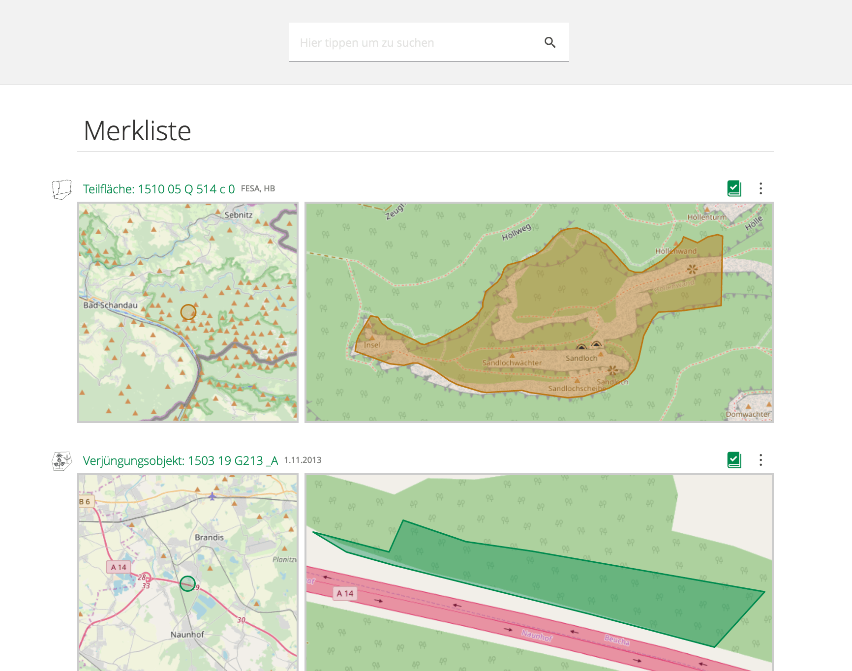 KI generiert: Das Bild zeigt eine Merkliste mit kartografischen Darstellungen von geografischen Gebieten, darunter Teilflächen und Verjüngungsobjekte. Die Karten heben bestimmte Bereiche mit farblichen Umrandungen hervor, begleitet von detaillierten Ortsbeschriftungen.