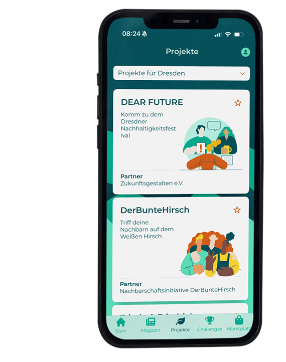 KI generiert: Das Bild zeigt den Bildschirm eines Smartphones, auf dem eine App-Schnittstelle mit Projektinformationen für Dresden angezeigt wird. Diese Projekte sind "DEAR FUTURE" und "DerBunteHirsch", jeweils mit kurzen Beschreibungen und Partnerorganisationen.