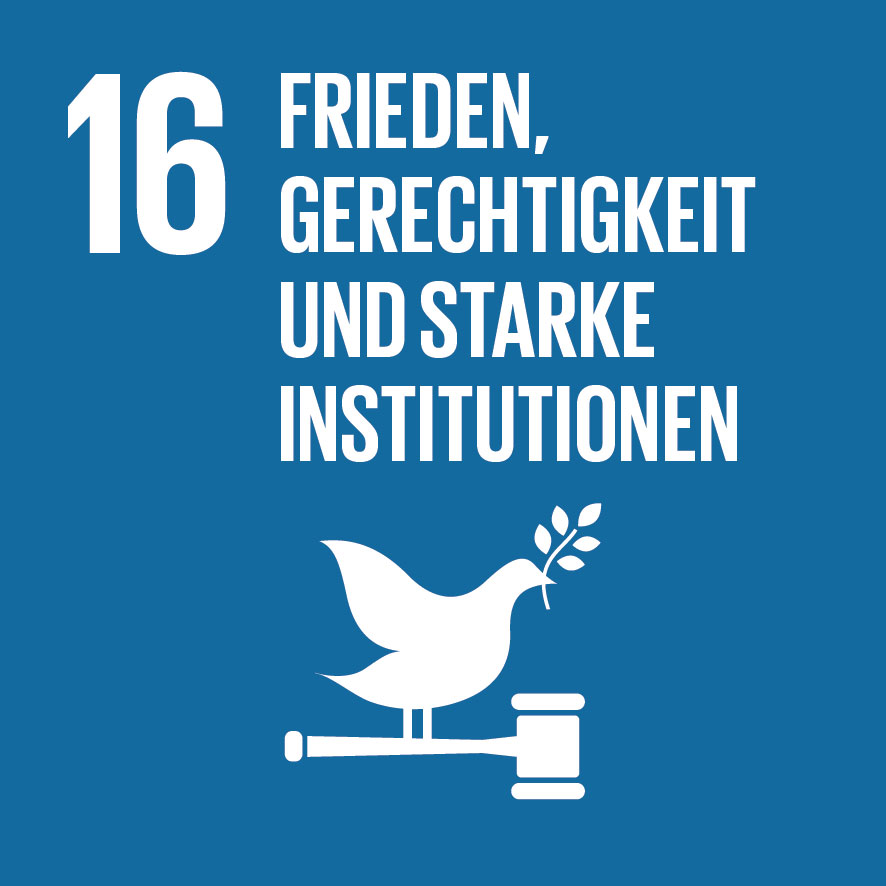 KI generiert: Das Bild zeigt das Symbolziel der Vereinten Nationen für Frieden, Gerechtigkeit und starke Institutionen, dargestellt durch eine Taube und einen Richterhammer auf blauem Hintergrund. Es ist Teil der nachhaltigen Entwicklungsziele, konkret Ziel 16.