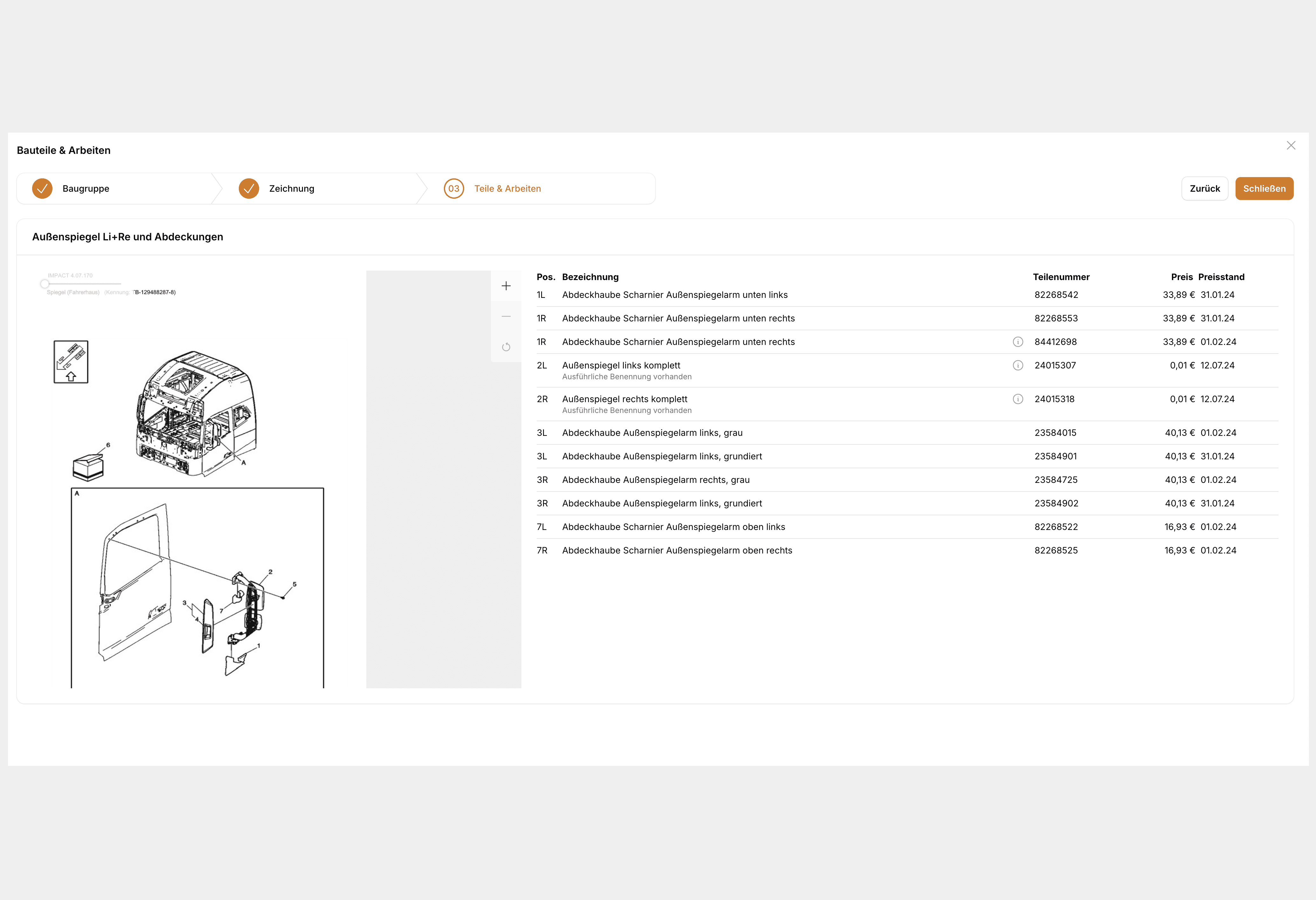 KI generiert: Das Bild zeigt eine technische Zeichnung eines Autoteils, begleitet von einer detaillierten Teileliste mit Positionen, Beschreibungen, Teilenummern und Preisen. Der Fokus liegt auf den Außenspiegeln und Abdeckungen eines Fahrzeugs.