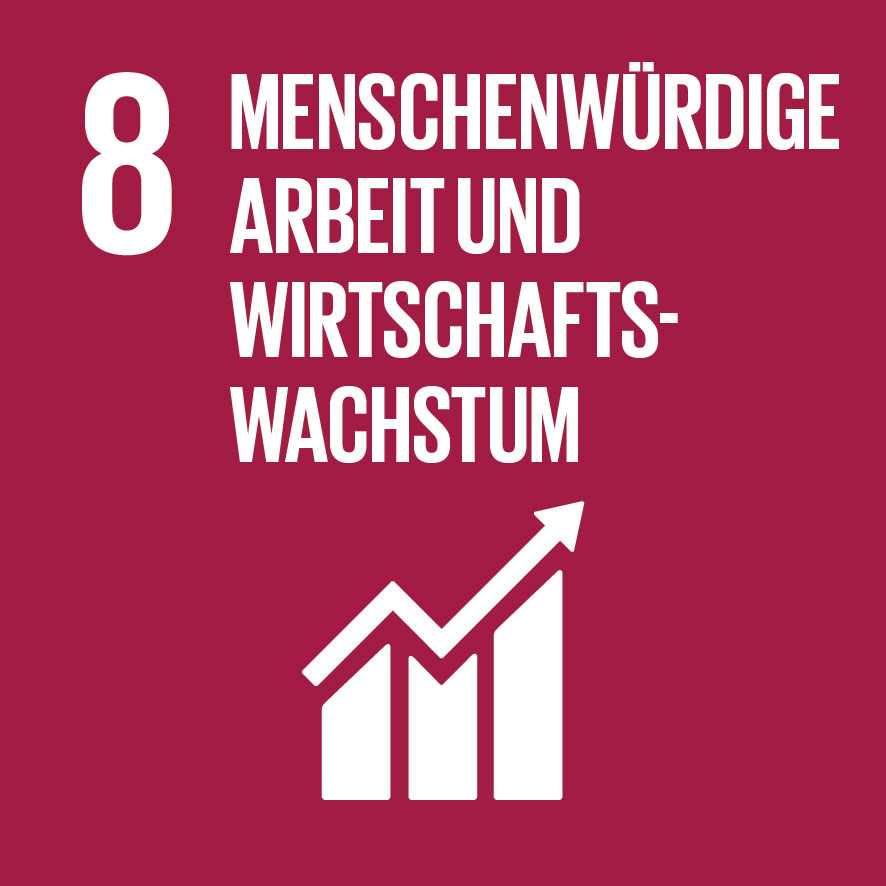 KI generiert: Das Bild zeigt das Symbol für das Ziel 8 der nachhaltigen Entwicklungsziele der Vereinten Nationen: "Menschenwürdige Arbeit und Wirtschaftswachstum." Es enthält eine aufwärts gerichtete Grafik, die Wachstum symbolisiert, vor einem roten Hintergrund.