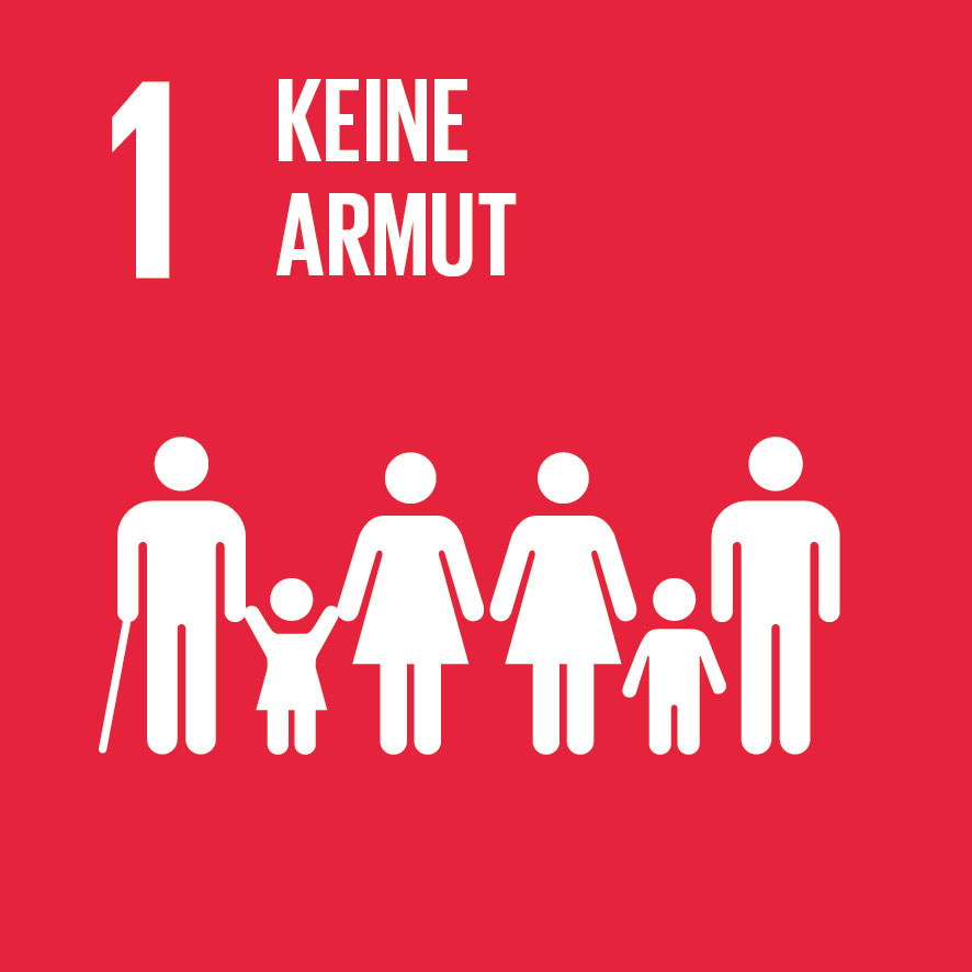 KI generiert: Das Bild zeigt das Symbol für das erste UN-Nachhaltigkeitsziel "Keine Armut" mit weißen Figuren von Personen auf rotem Hintergrund. Es betont die soziale Inklusion und den Kampf gegen Armut.