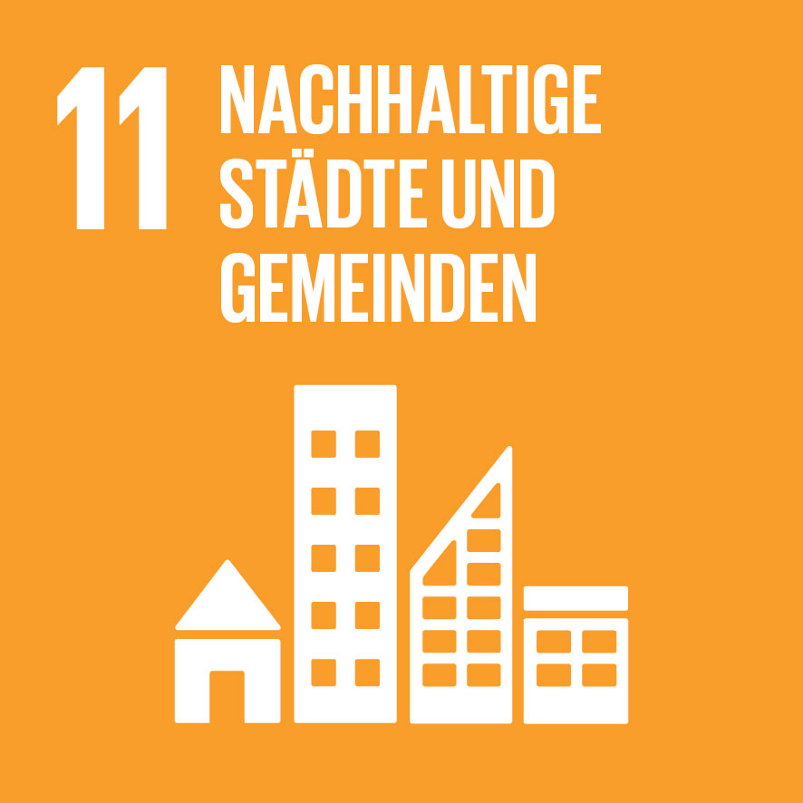 KI generiert: Das Bild zeigt das elfte Ziel der nachhaltigen Entwicklungsziele der Vereinten Nationen, das "Nachhaltige Städte und Gemeinden" heißt. Es ist orange und enthält Symbole von Gebäuden.