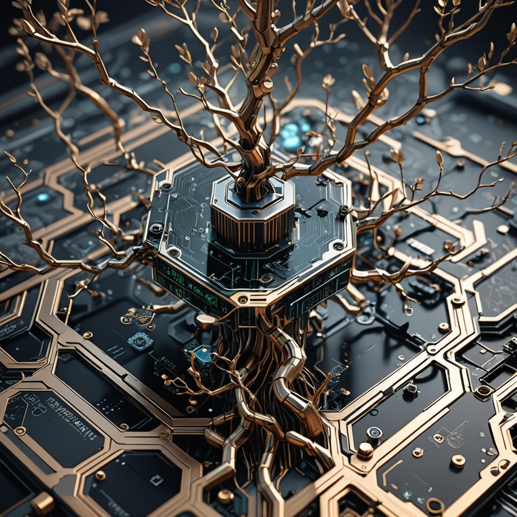 The image depicts a metallic tree structure growing out of a complex, circuit board-like surface. The tree and circuitry exhibit intricate detail.