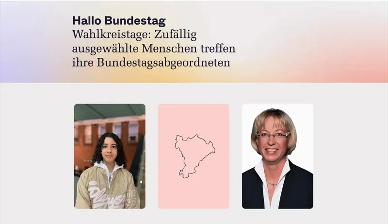 KI generiert: Das Bild zeigt eine Website, die den Dialog zwischen Bürgern und Bundestagsabgeordneten vermittelt. Im Fokus stehen zwei Personen mit Zitaten, die diese Kommunikation darstellen.