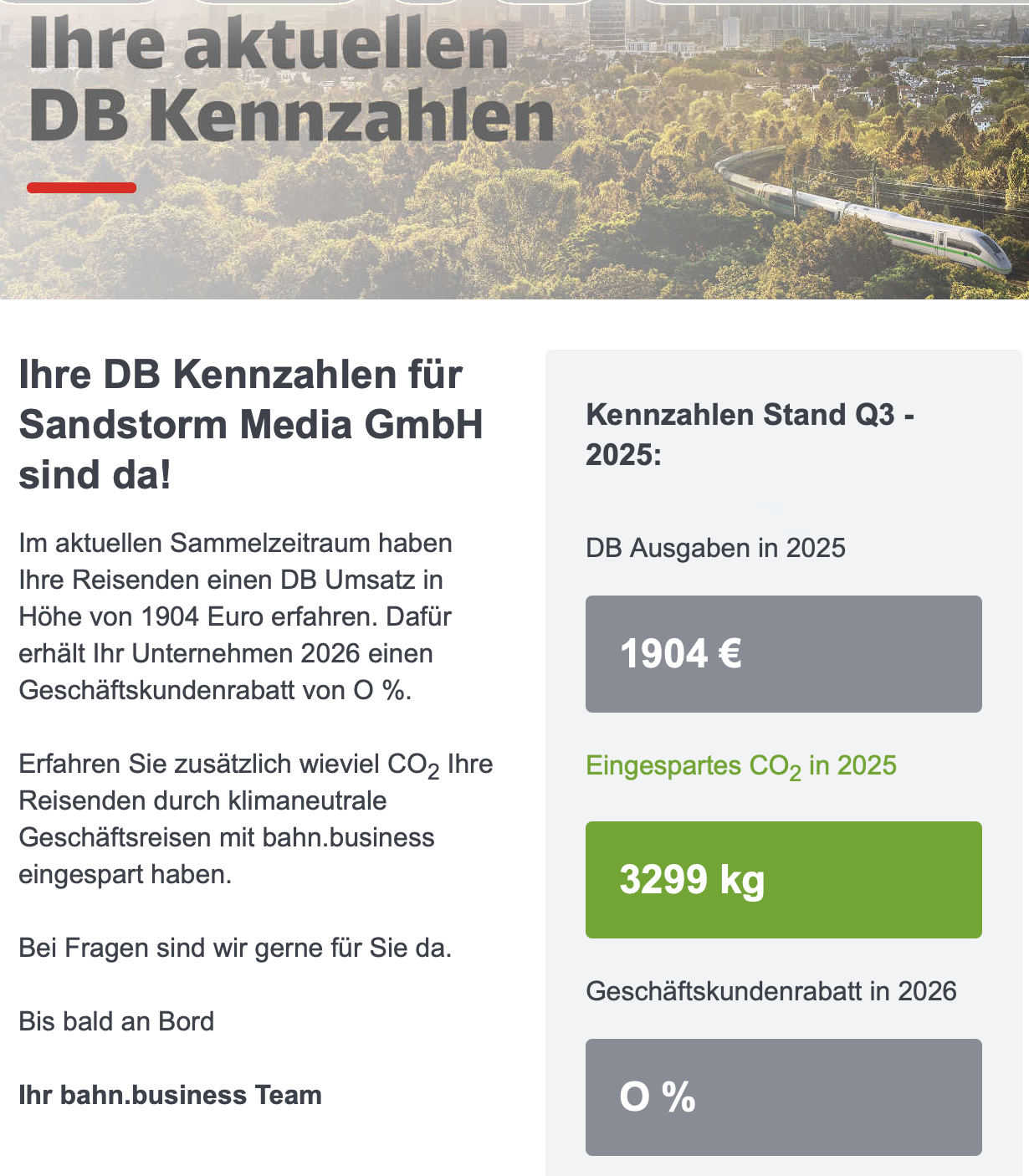 KI generiert: Das Bild zeigt eine Übersicht der DB Kennzahlen für Sandstorm Media GmbH mit Informationen zu den DB-Ausgaben und eingespartem CO₂ im Jahr 2025.