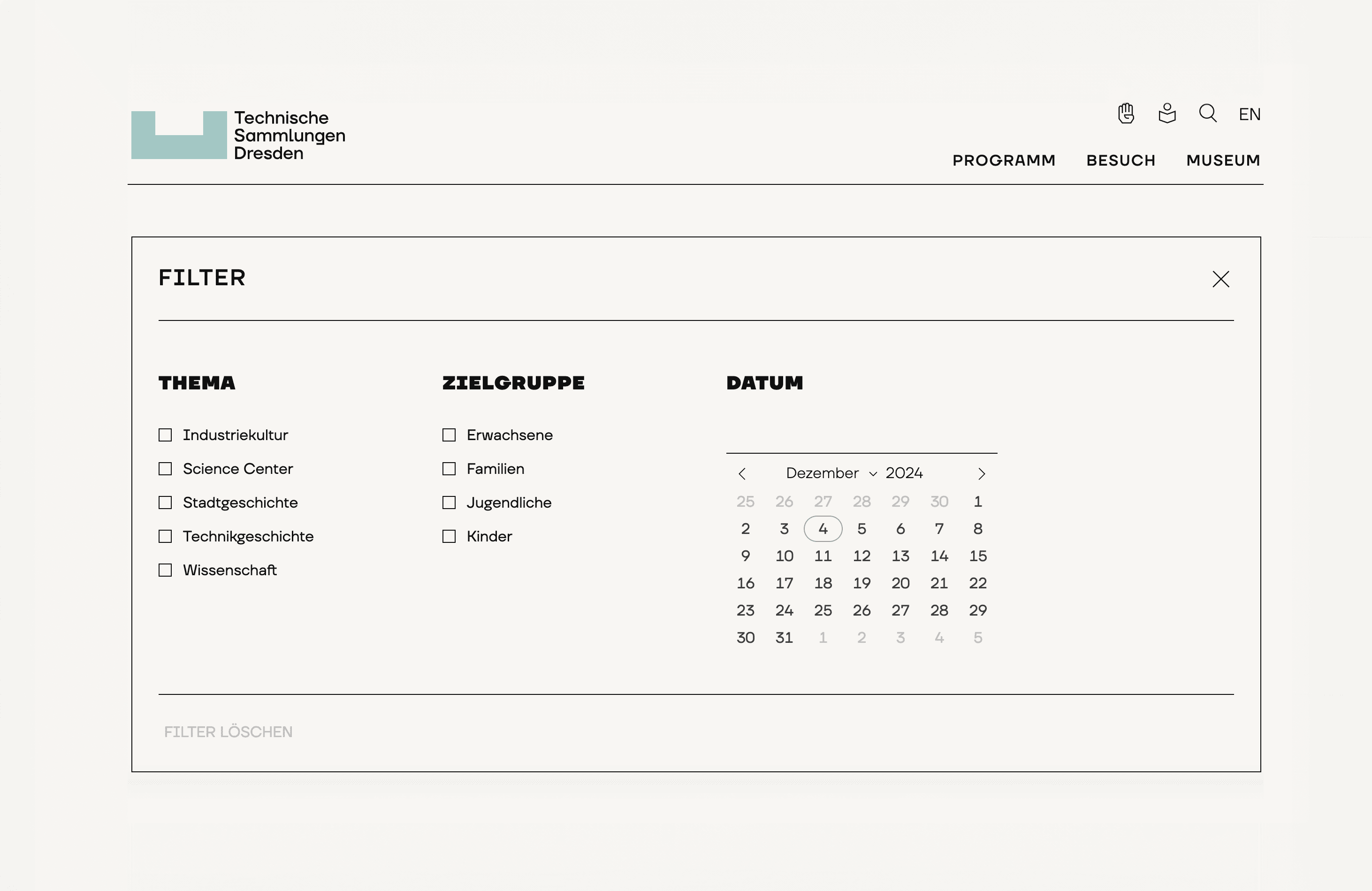 KI generiert: Das Bild zeigt eine Filterauswahl auf einer Webseite der Technischen Sammlungen Dresden, bei der Nutzer nach Thema, Zielgruppe und Datum auswählen können. Es ist eine benutzerfreundliche Schnittstelle für die Programm- oder Veranstaltungsplanung.