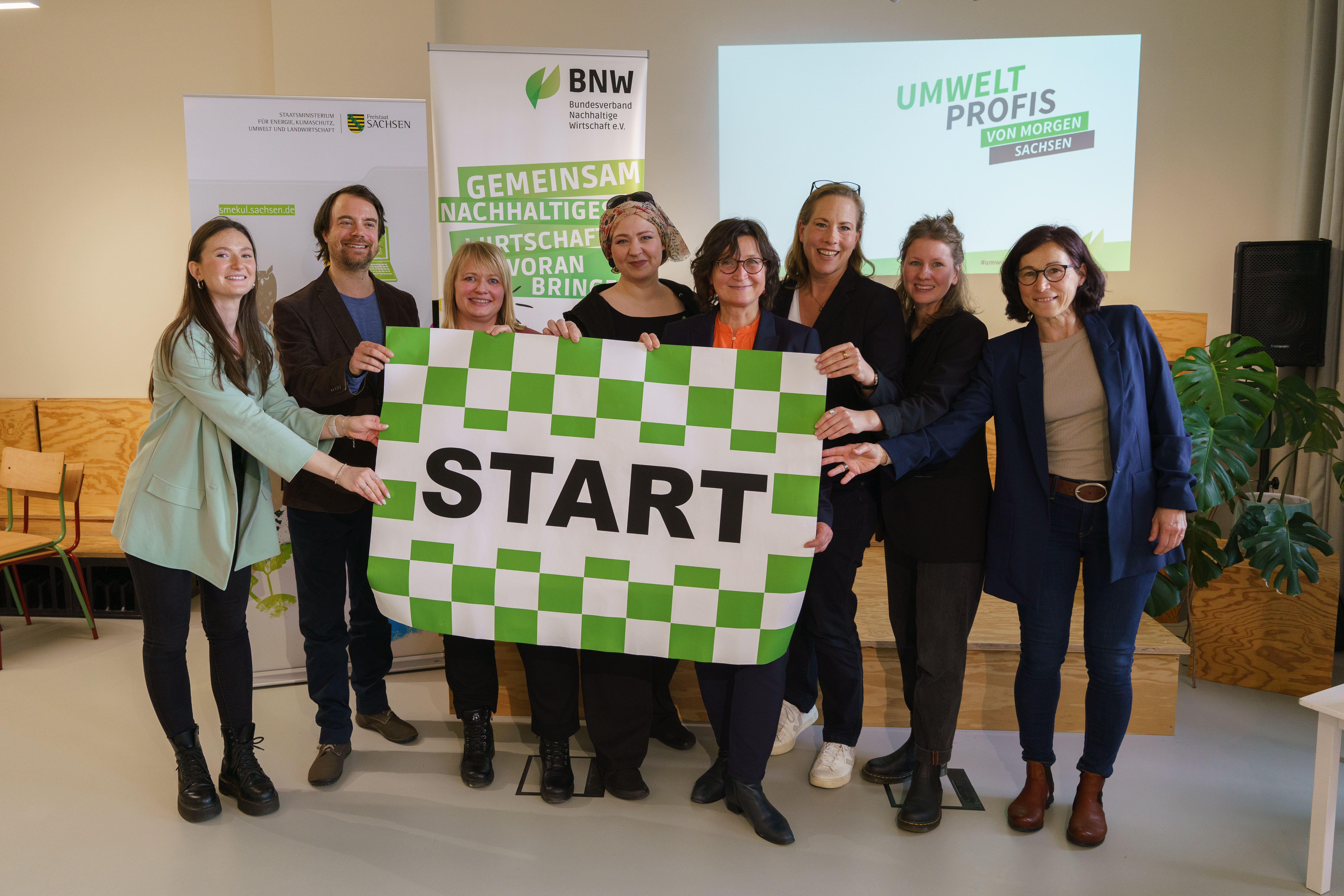 KI generiert: Eine Gruppe von Menschen hält ein großes Schild mit der Aufschrift "START" vor einer Präsentation. Es geht um das Thema nachhaltige Wirtschaft in Sachsen.