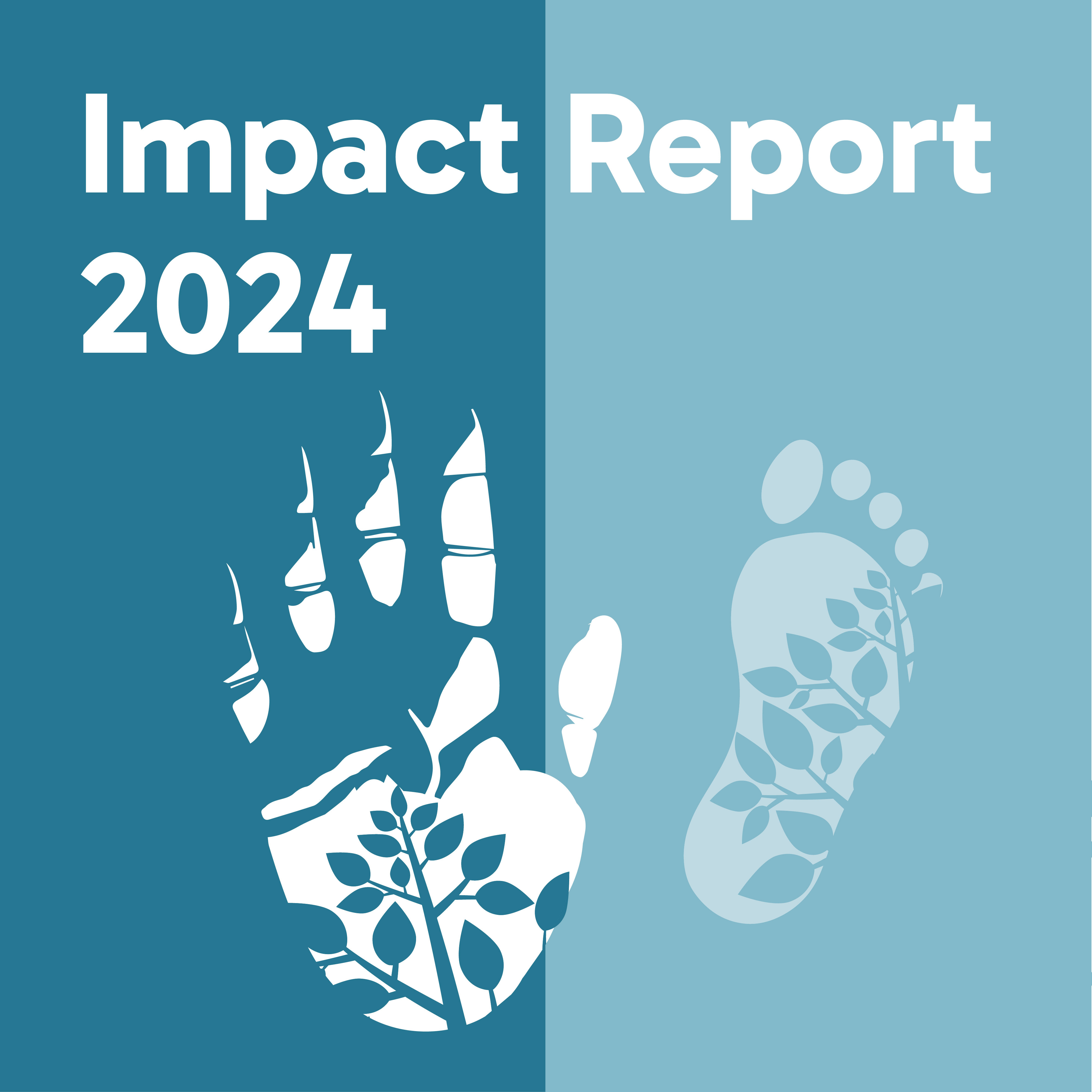 KI generiert: Das Bild zeigt das Cover eines "Impact Report 2024" mit einer stilisierten Hand und einem Fußabdruck, die beide Blättermuster enthalten. Es deutet auf Themen wie Umweltbewusstsein oder Nachhaltigkeit hin.