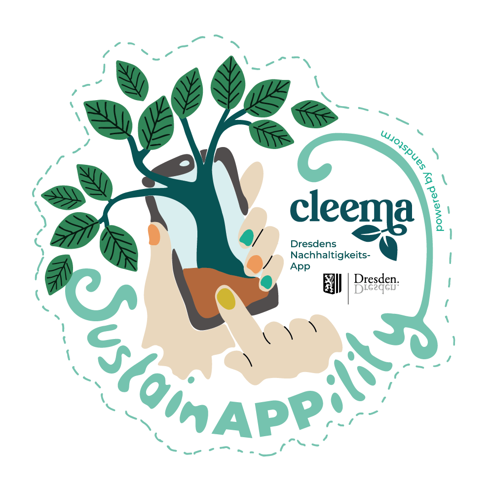 KI generiert: Das Bild zeigt eine Illustration mit einer Hand, die ein Smartphone hält, aus dem ein Baum wächst, und wirbt für eine Nachhaltigkeits-App namens "cleema" aus Dresden.