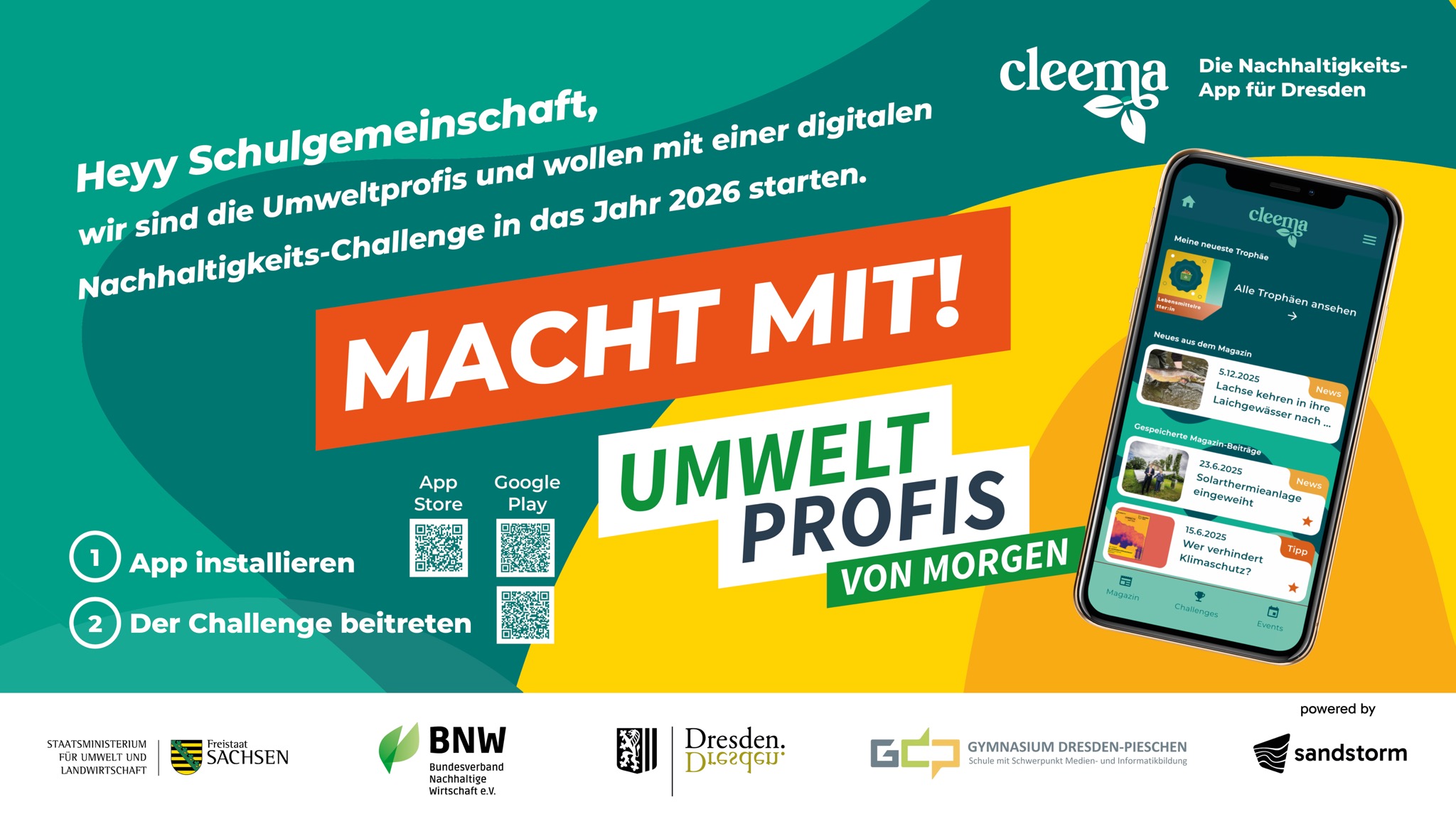 KI generiert: Das Bild ist eine Werbeanzeige für die Cleema-App, die eine Nachhaltigkeits-Challenge für Dresden im Jahr 2026 bewirbt, bei der die Schulgemeinschaft aufgefordert wird, Umweltprofis zu werden, indem sie die App installieren und der Challenge beitreten.