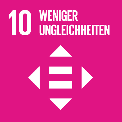 KI generiert: Das Bild zeigt das Symbol für das globale Ziel Nr. 10, "Weniger Ungleichheiten", der Vereinten Nationen. Im Mittelpunkt steht ein Diagramm, das ausgeglichene horizontale Linien und Pfeile, die nach außen zeigen, darstellt.